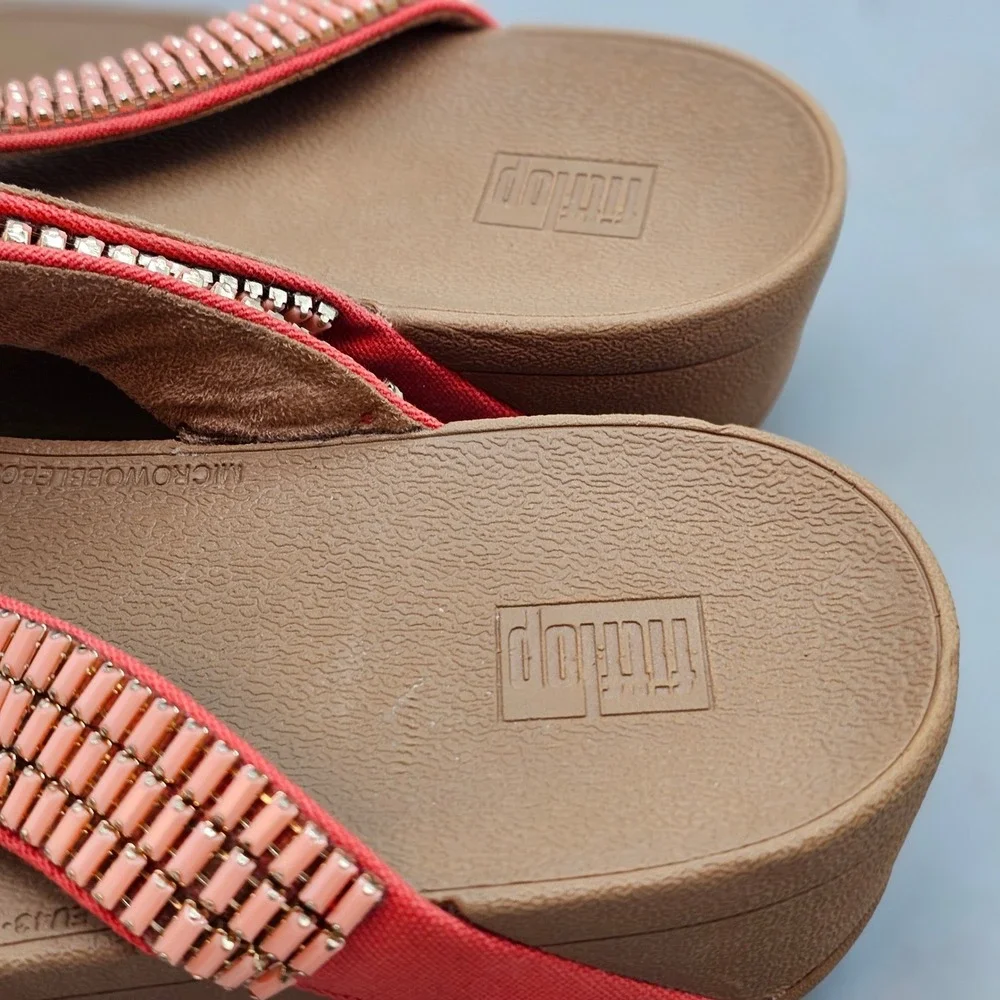FitFlop Lulu Crystal Stone Lava Coral Beaded Wedge Sandals V04-699 Womens 11